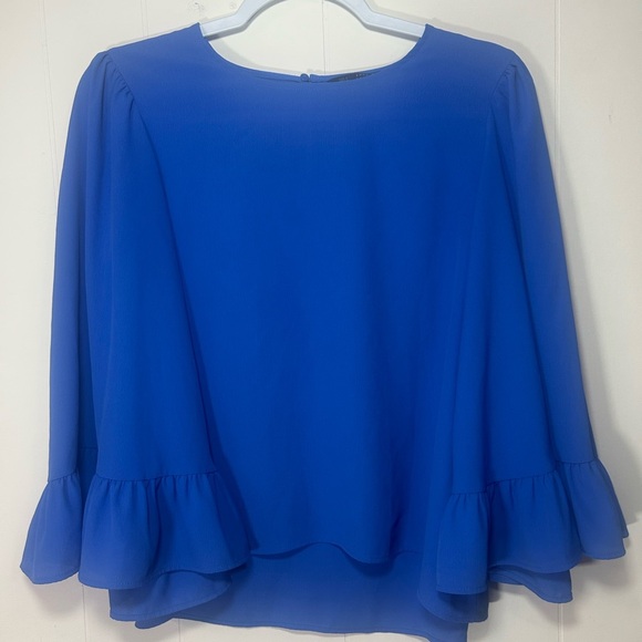 Zara, size M, blue top, keyhole cut back, large bell sleeves, silky like feel - Picture 4 of 10